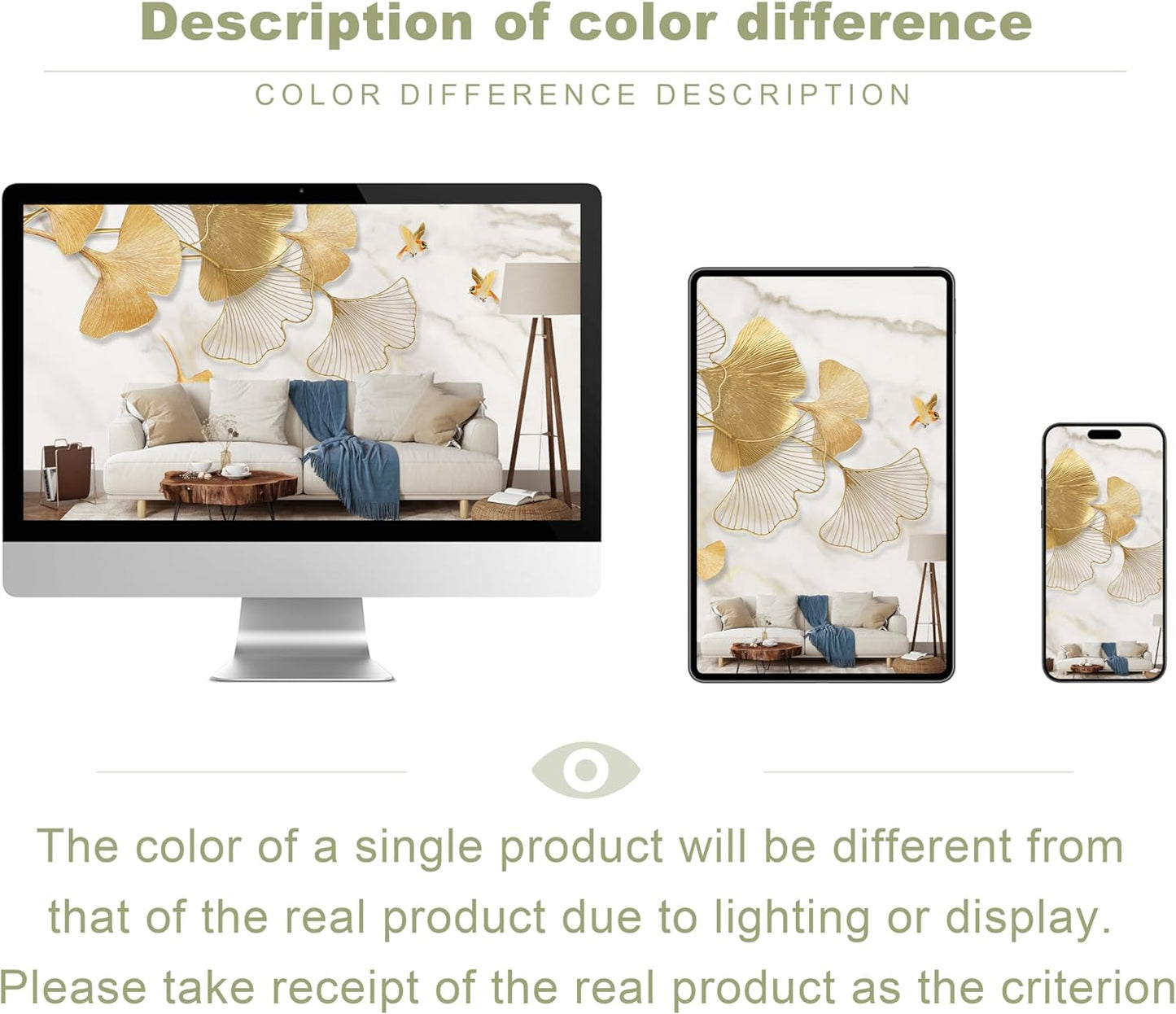 Golden Ginkgo Leaves Wall Mural Fake Marble Wallpaper for Bedroom Living Room (Not Peel n' Stick)