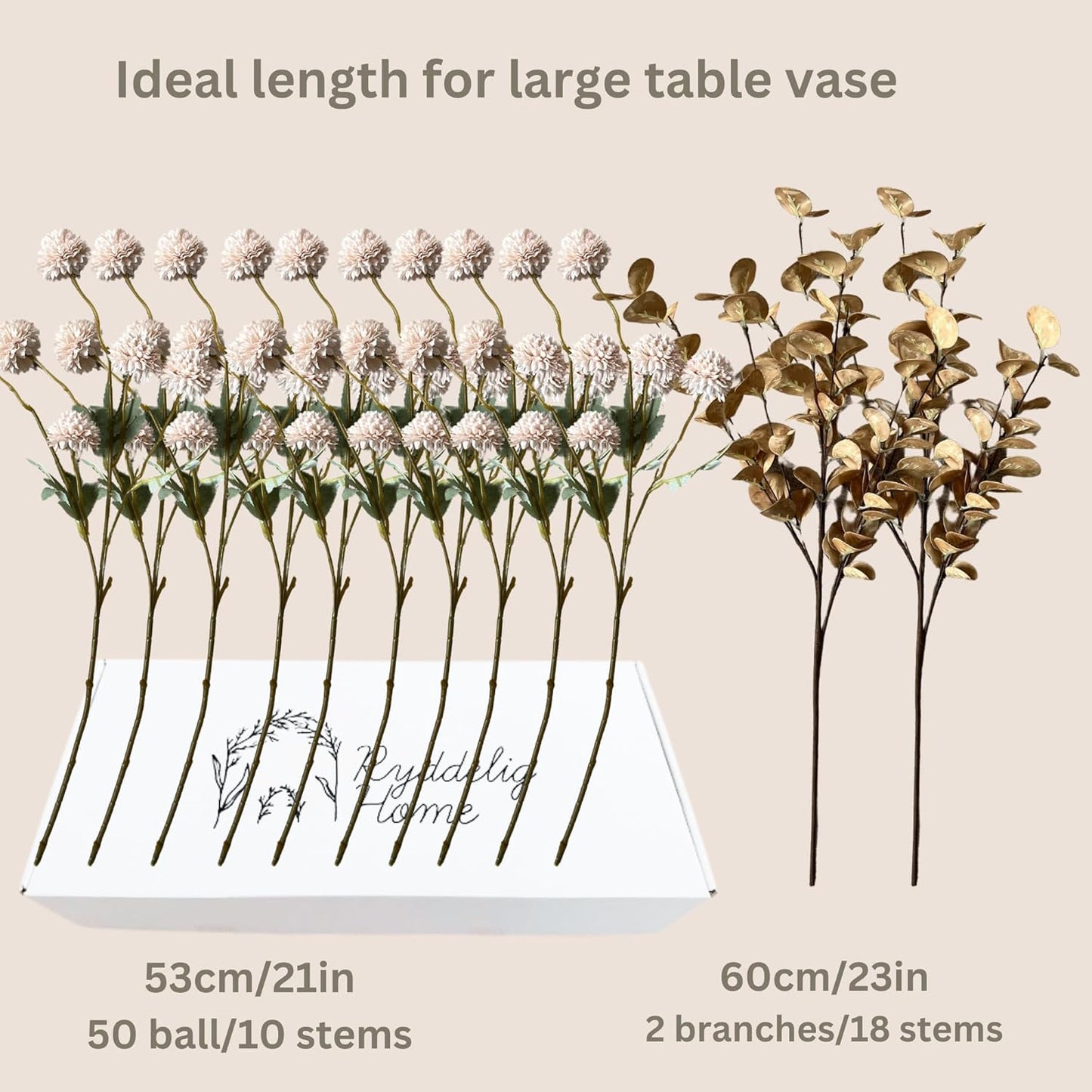 Beige Fake Flowers Silk 10 Stems With Eucalyptus, Faux Flowers For Vase, Artificial Mums Long Stem, Mini Faux Mums Flower Bulk, Tan Nude Cream Neutral Floral, Chrysanthemum Pom Pom Floral Arrangements