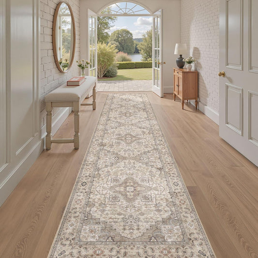 Washable 2.6x12 Runner Rug - Area Rugs Neutral Vintage Distressed Floral Farmhouse Boho Large Soft Floor Rug Indoor Carpet for Hallway Entryway Kitchen Home - Brown/Multi