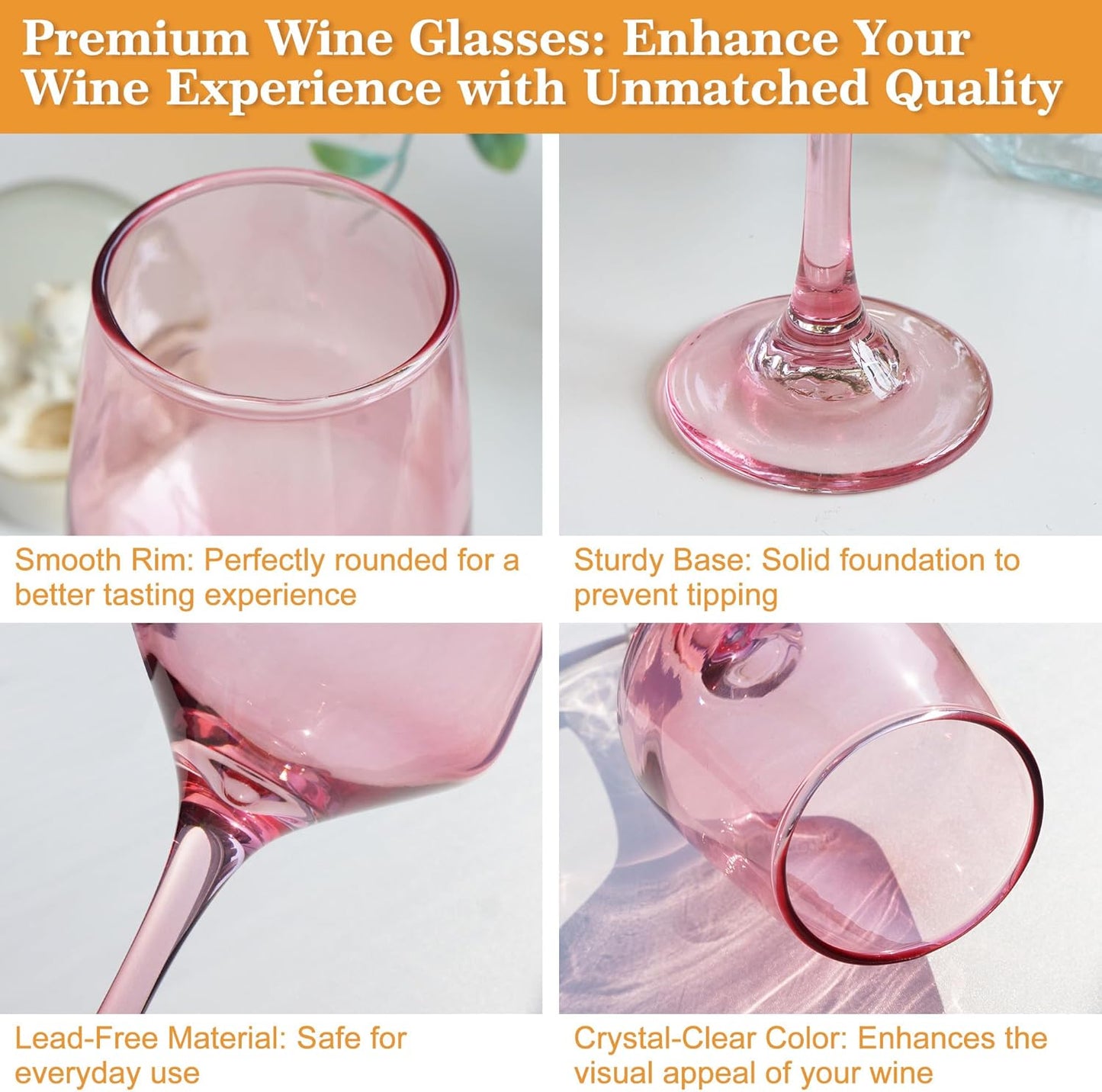 Pink Wine Glasses Set of 6-14oz Pink Long Stem Wine Glass, Pretty Crystal Glassware, Hand Blown Goblets Drinkware, Unique Stemware Wine Glass Holiday Gift Set for Women