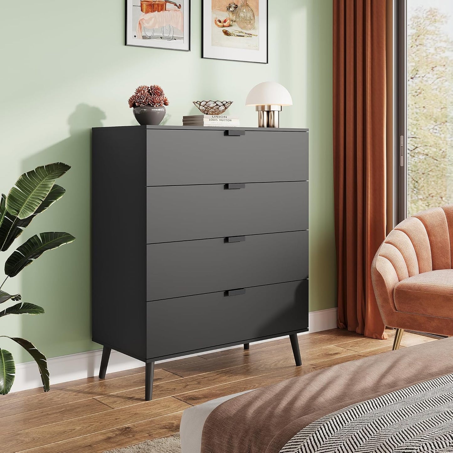 WLIVE 4 Drawer Dresser for Bedroom, Tall Wood Dresser, Modern Black Dressers with Sturdy Metal Handle, Small Chest of Drawers for Living Room, Hallway