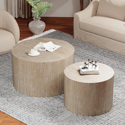 Round Nesting Coffee Table, Drum Wood Coffee Table Set of 2 Travertine-Color, Modern Nesting Tables Circle Center Table 2 Piece for Small Spaces Living Room Bedroom Balcony Office, No Assembling