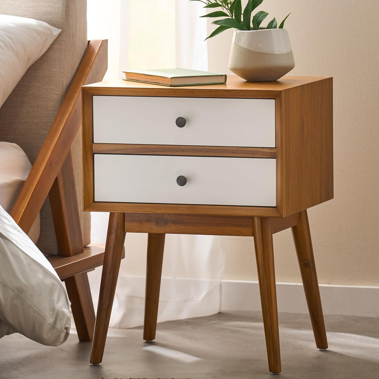 Christopher Knight Home Mid-Century Nightstand, Acacia Wood Nightstand Side Table, Accent Bedside End Table with Solid Wood Legs for Bedroom, Dorm and Small Spaces,White + Natural Oak