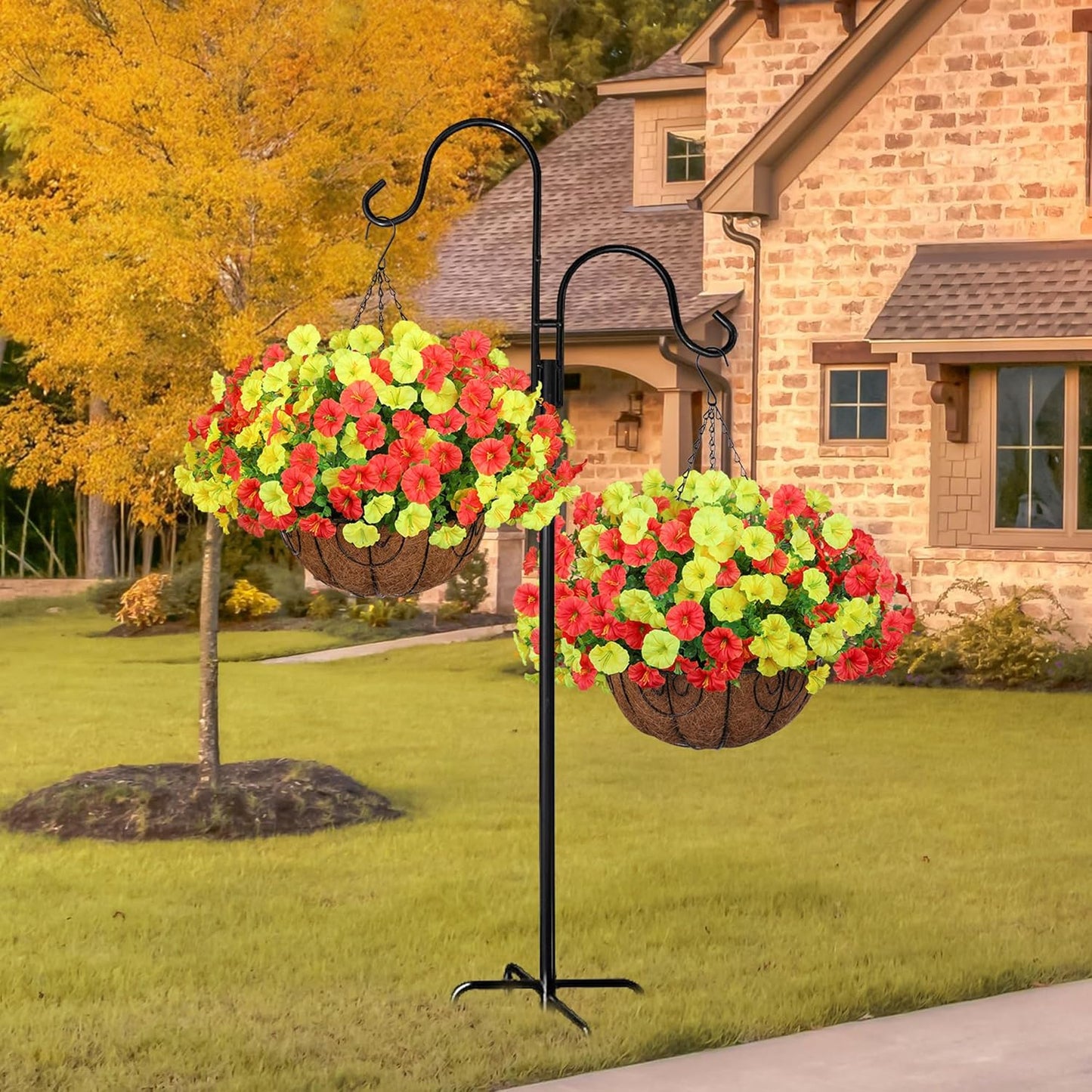Artificial Fall Flowers Fake Hanging Plants Flowers Basket for Outdoors Autumn Decoration, Silk Morning Glory with Eucalyptus Look Real UV Resistant Faux Flowers for Outside Porch Patio Balcony, Mix