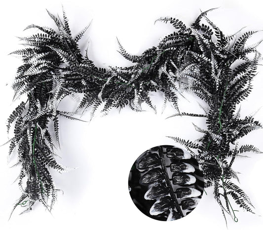 RECUTMS 2pcs Black Garland Artificial Boston Ferns 6 FT Faux Hanging Greenery UV Resistant Halloween Decor