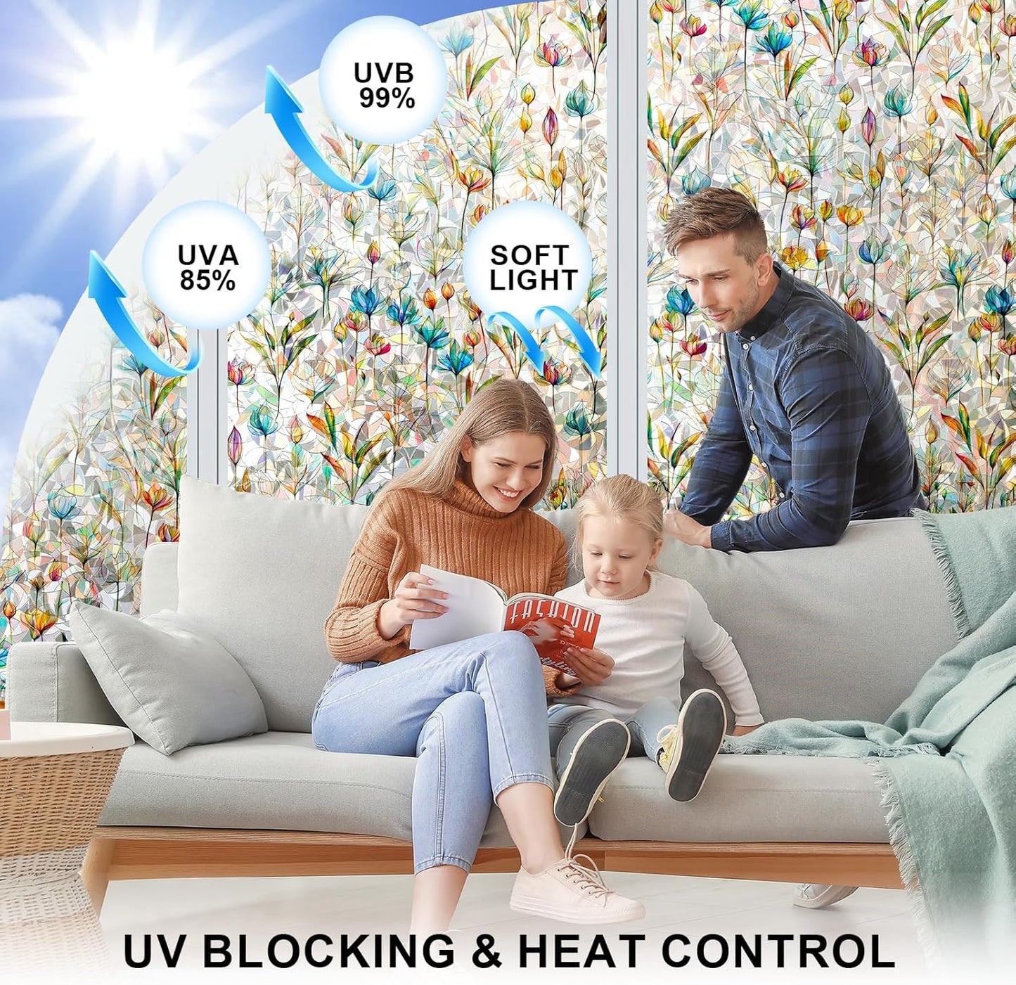 Rainbow Window Privacy Film 3D Floral Decorative Stained Glass Window Film Anti UV Non-Adhesive Reusable 17.5" x 78.7" for Home Room Car Glass Cling