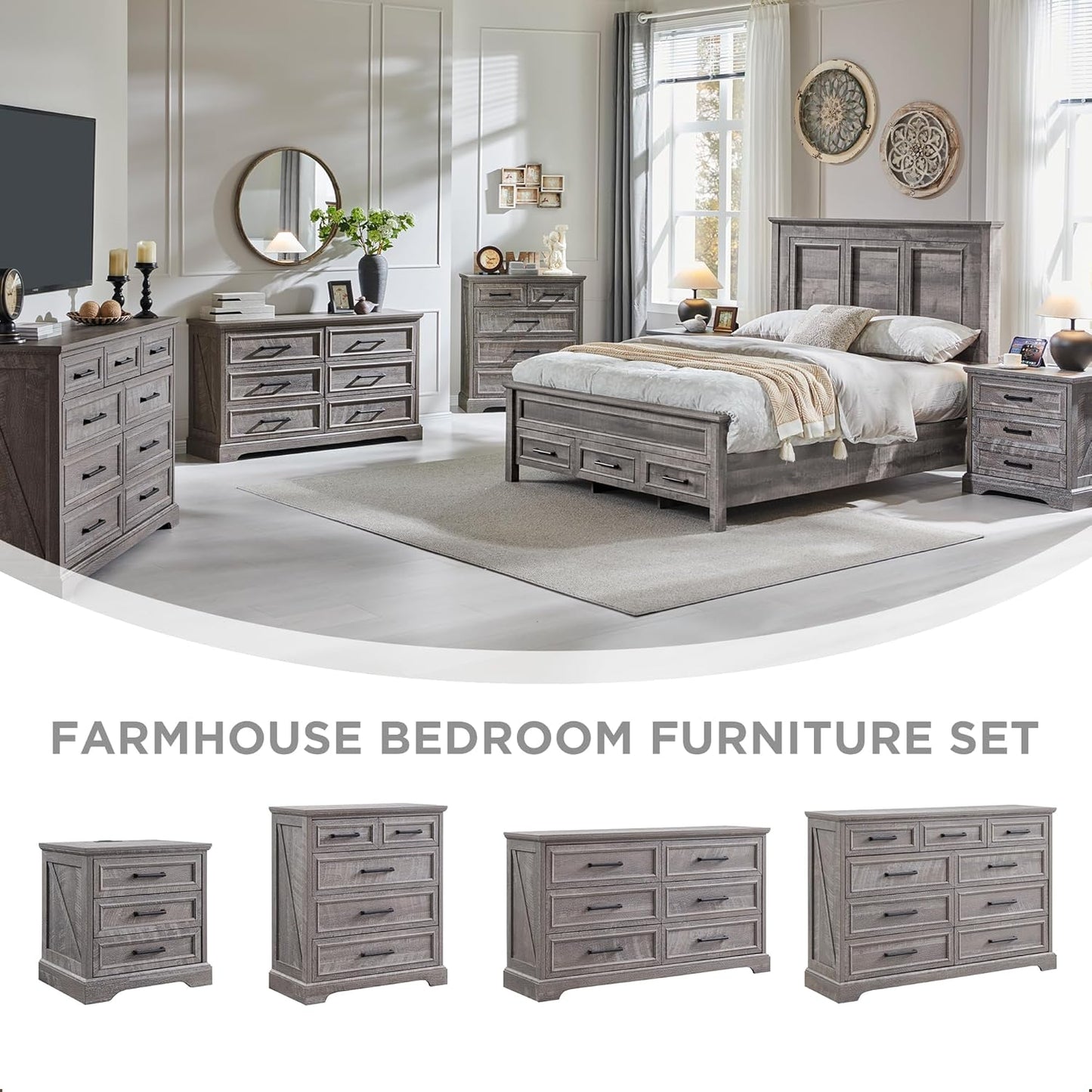 Farmhouse 9 Drawer Dresser for Bedroom, 36 Inch Tall Modern Dresser TV Stand with Large Drawers & Bar Handles, Rustic Wood Chest of Drawers for Bedroom, Living Room, Hallway, Grey