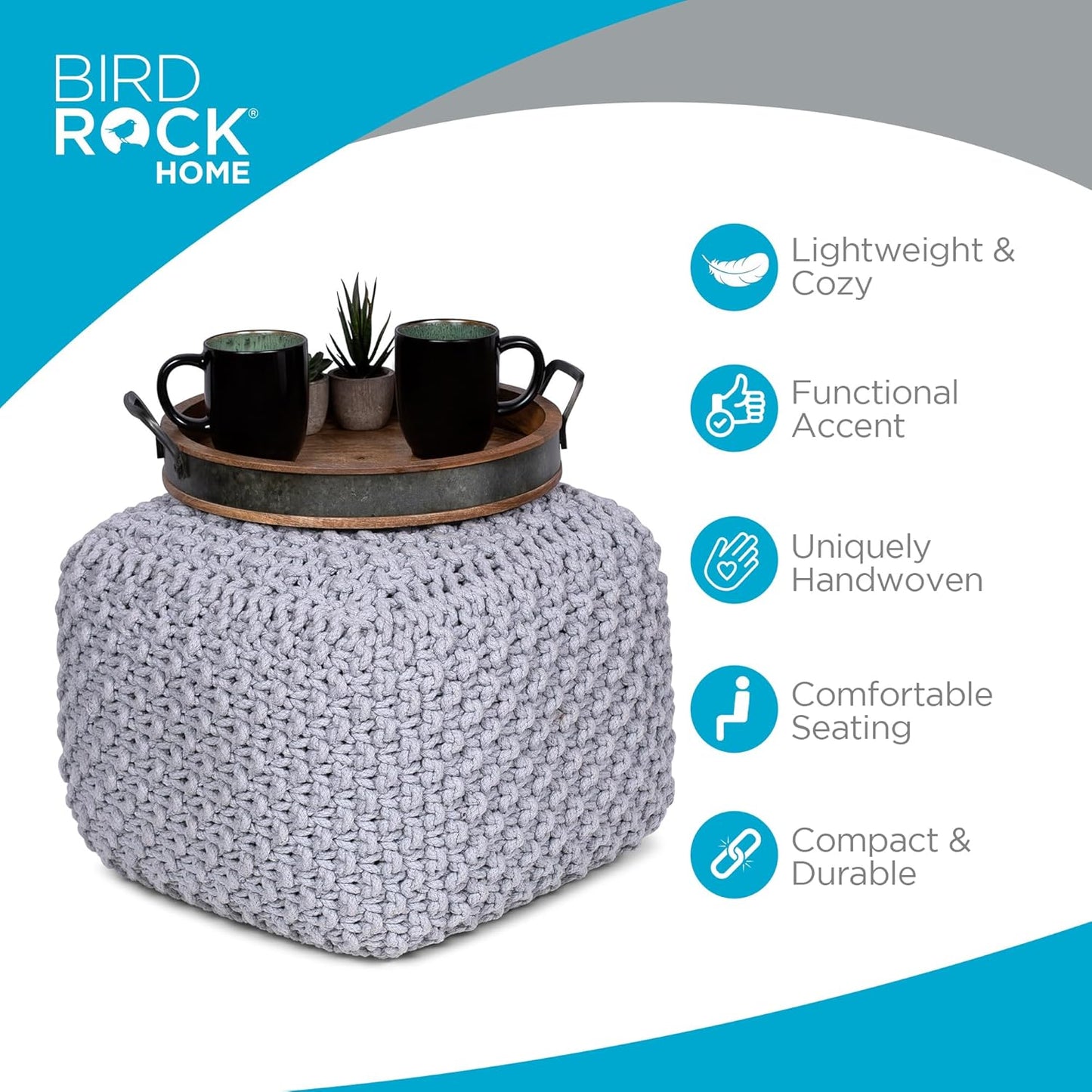 BIRDROCK HOME Square Pouf Ottoman | Cotton Braided Foot Stool with Bean Bag Filling | Boho Foot Rest for Living Room, Bedroom | Compact & Comfortable Seating, Lightweight & Sturdy | Grey