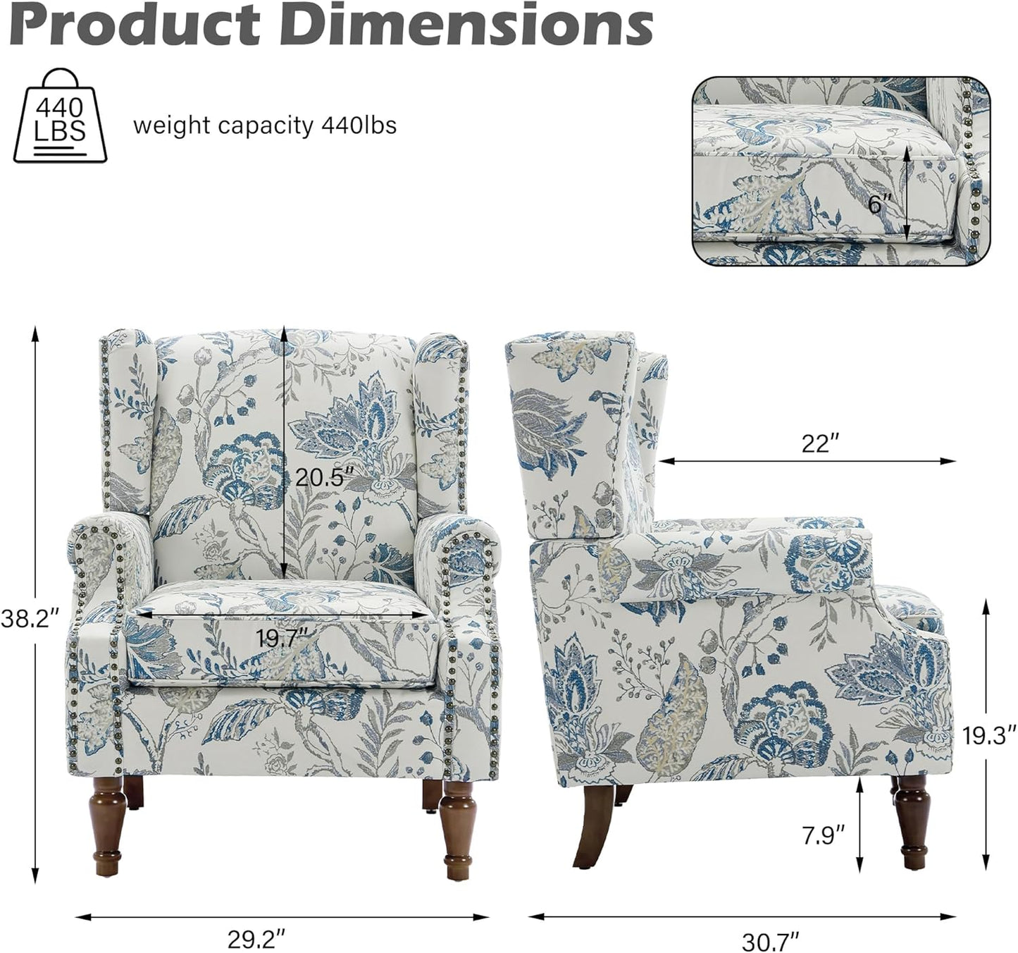 UIXE High Back Floral Accent Chair, Upholstered Armchair in Fabric, Retro Printed Wingback Arm Chair for Living Room, Nailhead Trim Single Sofa Bedroom Reading Seat - Plants Blue