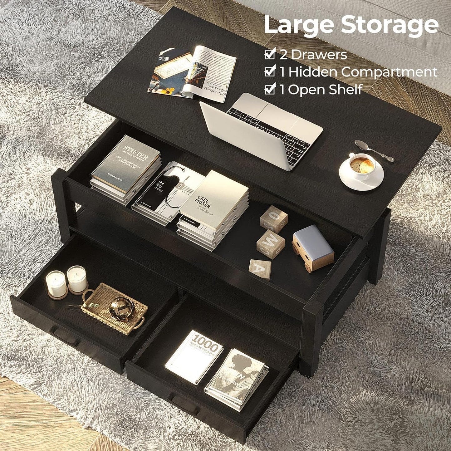 Rolanstar Coffee Table, 47.2" Lift Top Coffee Table with Drawers and Hidden Compartment, Retro Central Table with Wooden Lift Tabletop, for Living Room,Black