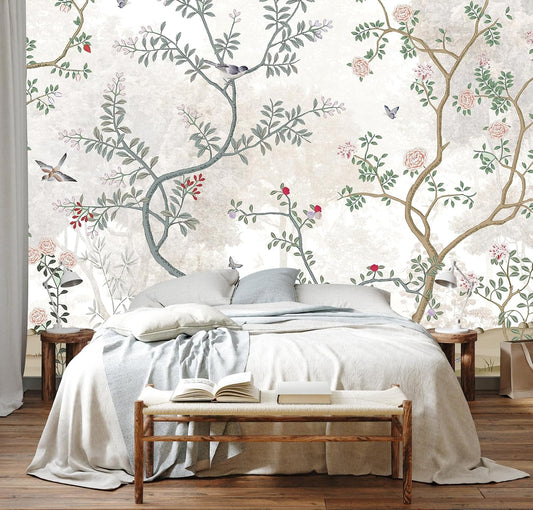 Modern Flower Bird Wallpaper Forest Mural for Bedroom Living Room (Not Peel n' Stick)