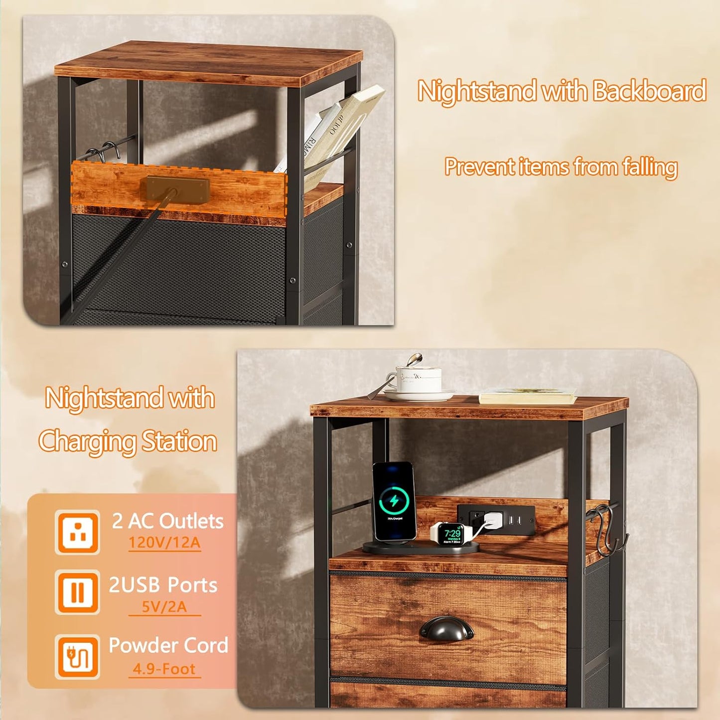 Furologee End Table with Charging Station, Nightstand with Fabric Drawers, Side Table with USB Ports & Outlets, Night Stand with Storage Shelf & Hooks, for Living Room/Bedroom, Rustic Brown