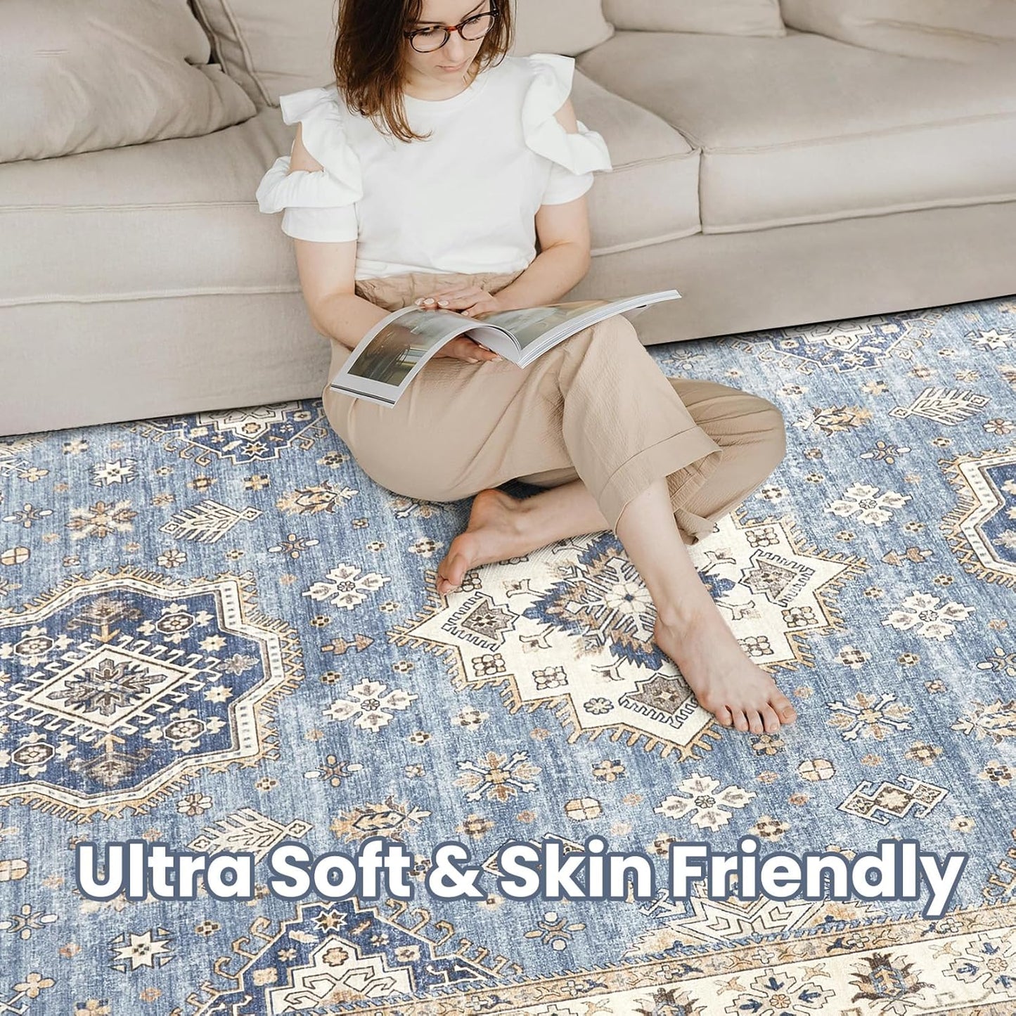 Washable Area Rugs for Living Room - 7x9 Neutral Vintage Distressed Floral Farmhouse Boho Large Soft Floor Rug Indoor Non Slip Carpet for Living Room Bedroom Dining Room Office - Blue