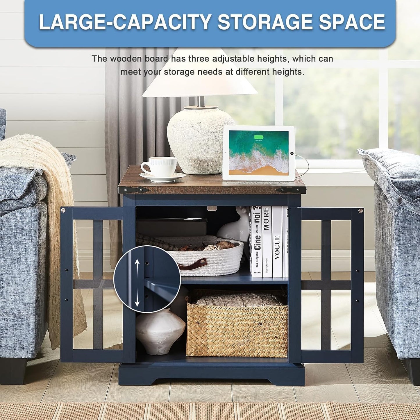 Farmhouse End Table with Charging Station,24" Large Sofa Side Table with Glass Barn Door, Rustic Wood Nightstand Bedside Table with Adjustable Storage Shelf for Living Room, Bedroom, Blue