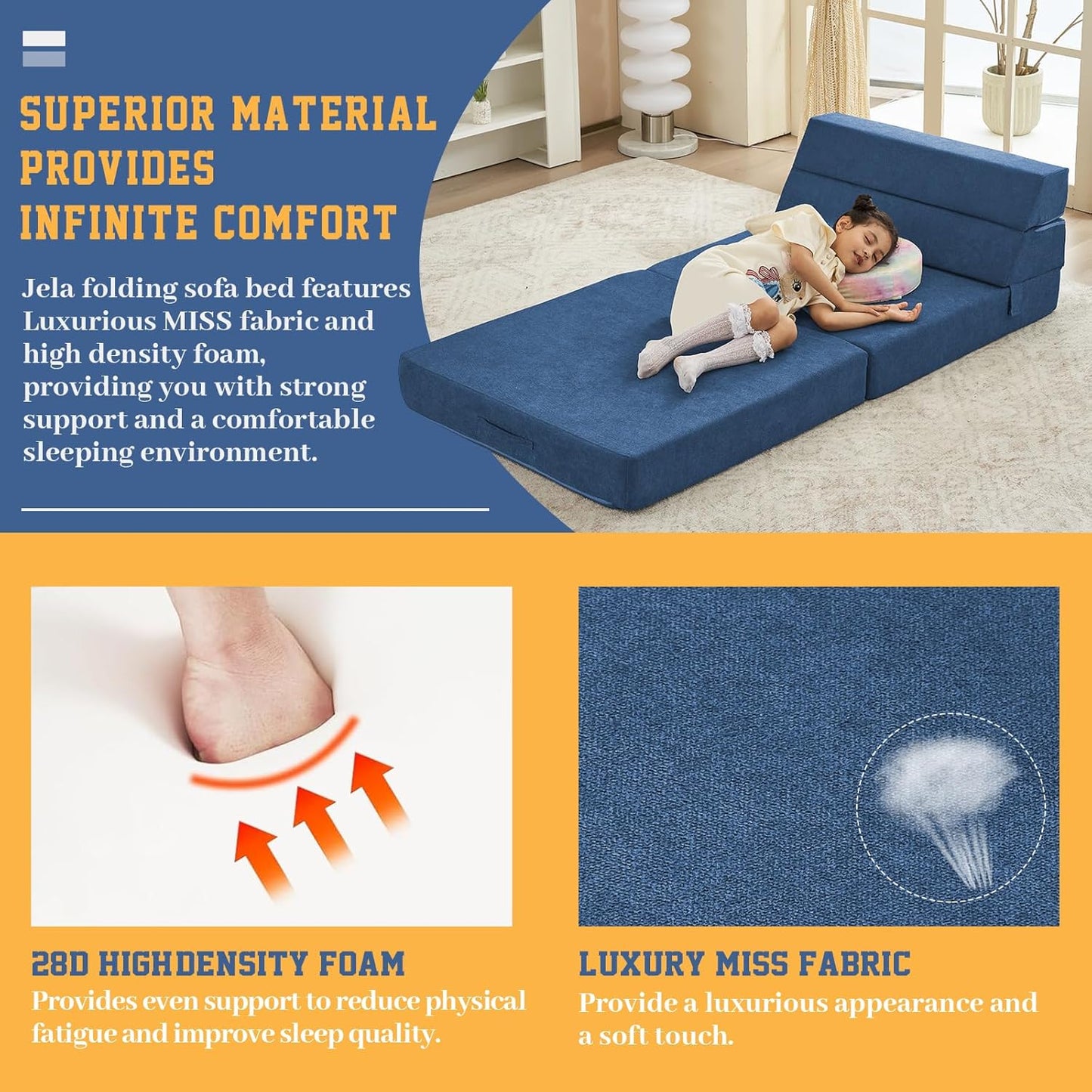 jela Foldable Sofa Bed Soft Foam Convertible Sleeper Chair Luxury Miss Fabric Fold Out Chair Bed Floor Couch with Back Support Floor Sofa for Living Room Bedroom (83"x33",Navy)