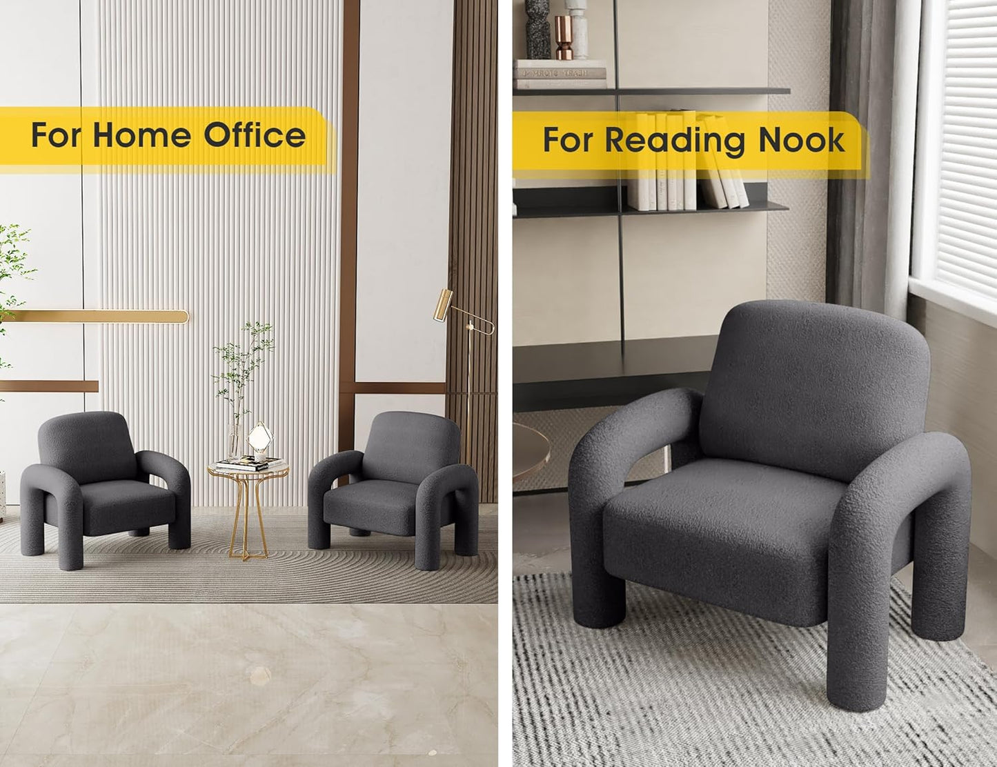 Modern Sherpa Accent Chair, Teddy Upholstered Arm Single Sofa, Cozy Fluffy Reading Chair for Living Room, Bedrooms, Corner (Grey)