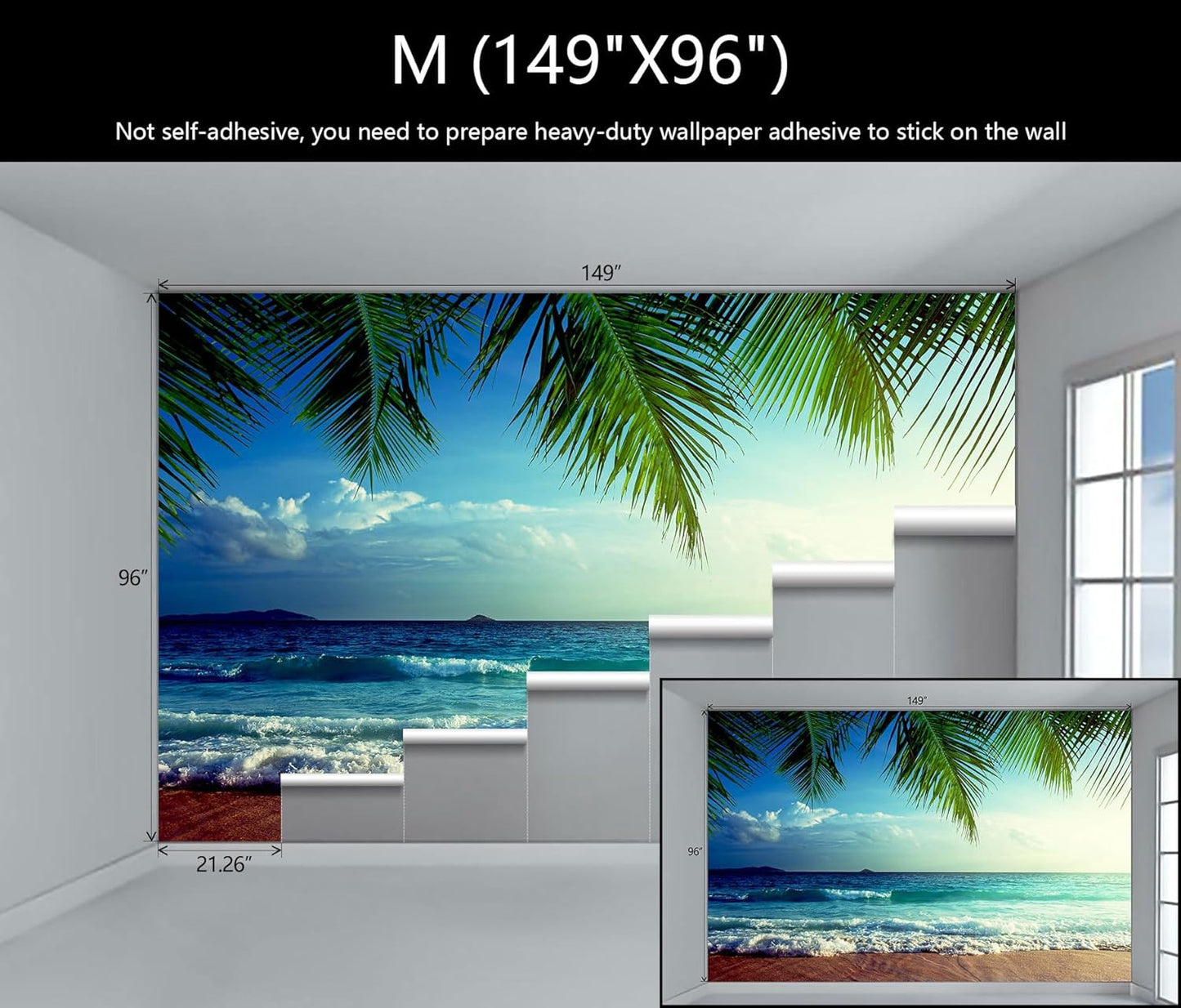 WFBHUA-Large Beach Scene Wallpaper Mural Dusk Waves Wall Murals for Bathroom Living Room Bedroom(Not Peel and Stick)