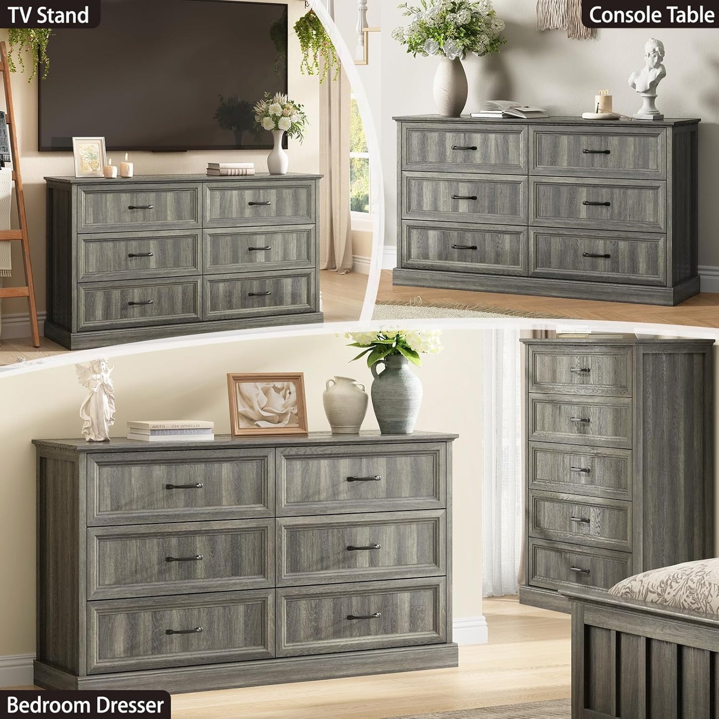 Farmhouse 6 Drawer Dresser for Bedroom, 55 Inch Wide Modern Grey Dresser TV Stand with Large Drawers & Bar Handles, Rustic Wood Chest of Drawers for Bedroom, Living Room, Hallway, Entryway.