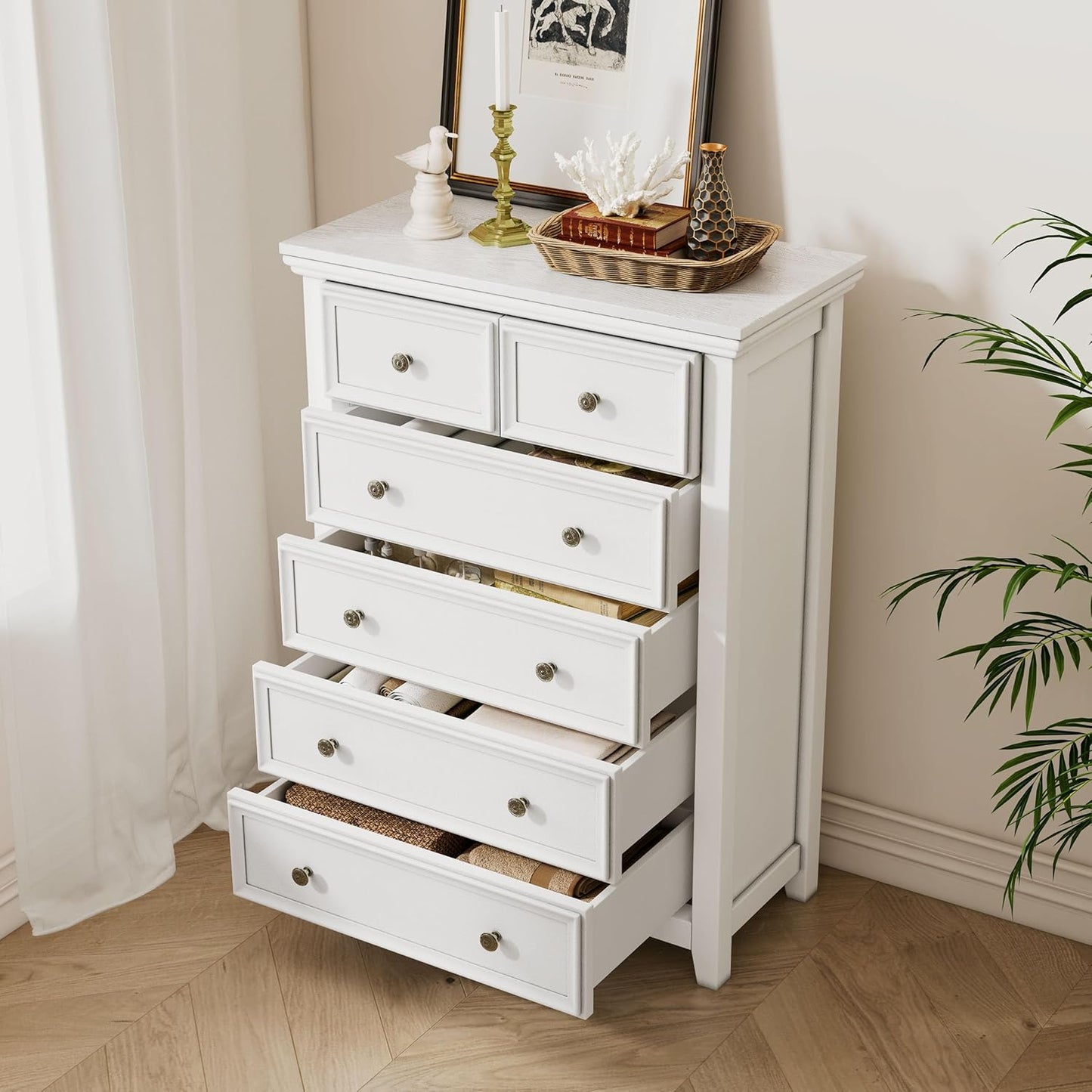 BLANKSPACE White Farmhouse Dresser, 6 Chest Drawer Dresser for Bedroom, Large Capacity Nightstand, Modern Tall Wood Cabinet for Bedroom, Living Room, Closets, Hallway