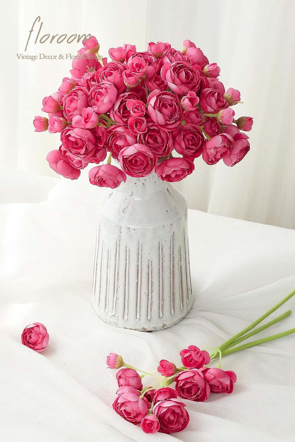 Floroom Ranunculus Artificial Flowers 18 Pcs Fuchsia Faux Silk Mini Ranunculus Bulk Fake Wedding Filler Flowers for DIY Hot Pink Bouquets, Centerpieces, Bridal Shower Decorations & Arrangements