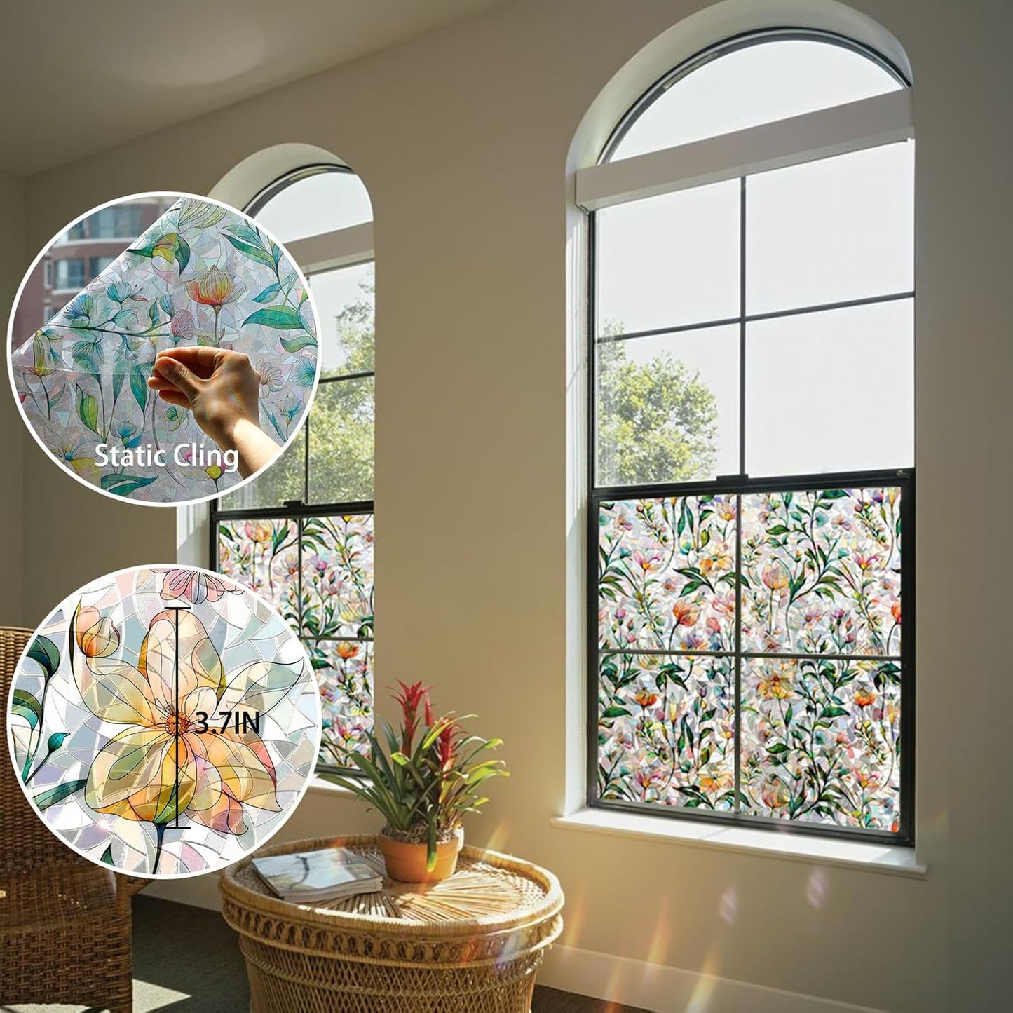 Rainbow Window Privacy Film 3D Floral Decorative Stained Glass Window Film Anti UV Non-Adhesive Reusable 23.6" x 78.7" for Home Room Car Glass Cling
