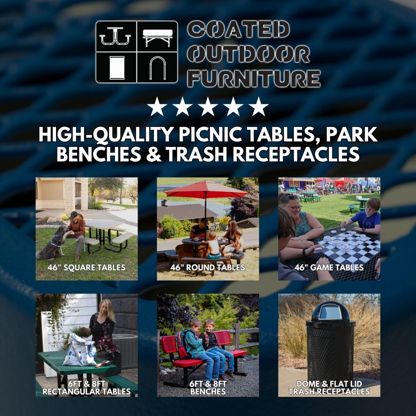 Heavy-Duty Portable Outdoor Picnic Table with Umbrella Hole, Punched Steel Patio Dining Furniture Made in America (46" Round Top, Brown)
