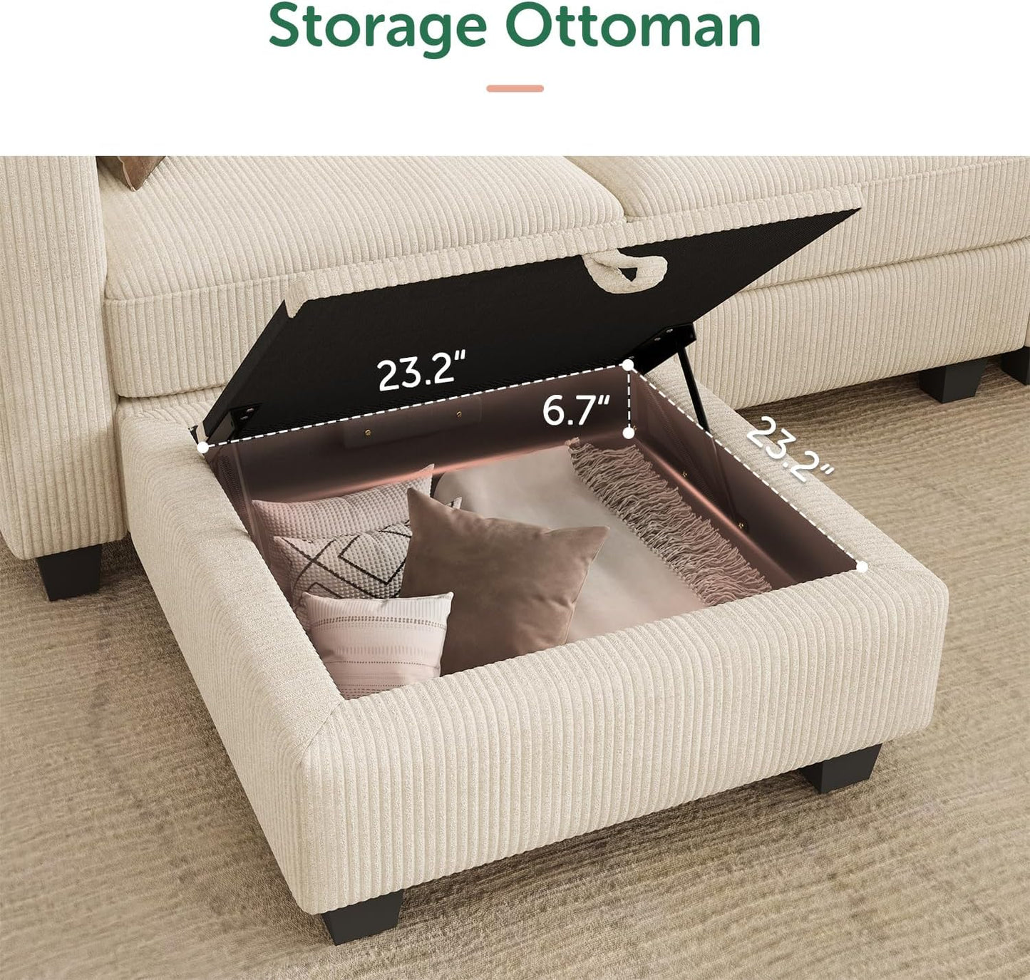 HONBAY U-Shaped Corduroy Sectional Couch with 6 Seaters Modular Sectional Sofa with Storage Ottoman Sectional Couches for Living Room, Beige