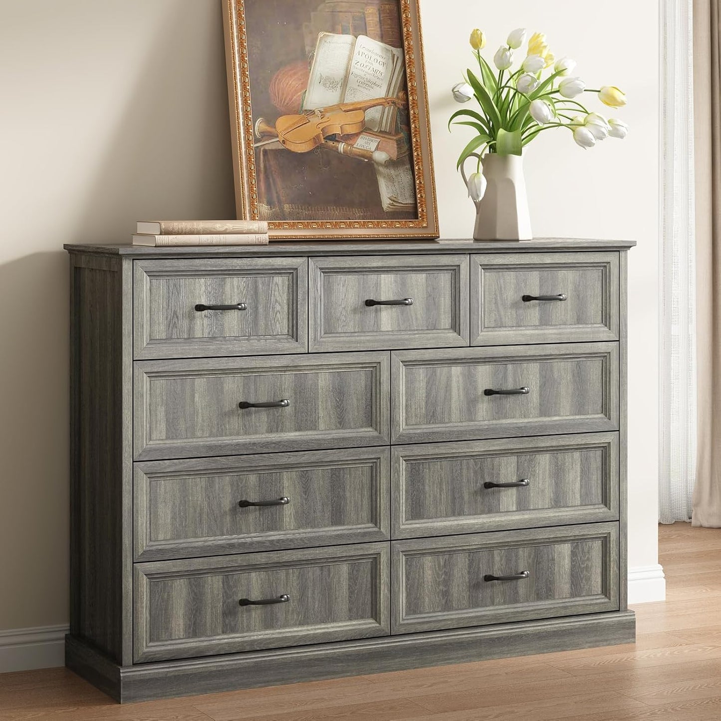 CARPETNAL Farmhouse 9 Drawer Dresser for Bedroom, 55 Inch Wide Modern Grey Dresser TV Stand with Large Drawers & Bar Handles, Rustic Wood Chest of Drawers for Bedroom, Living Room, Hallway, Entryway.