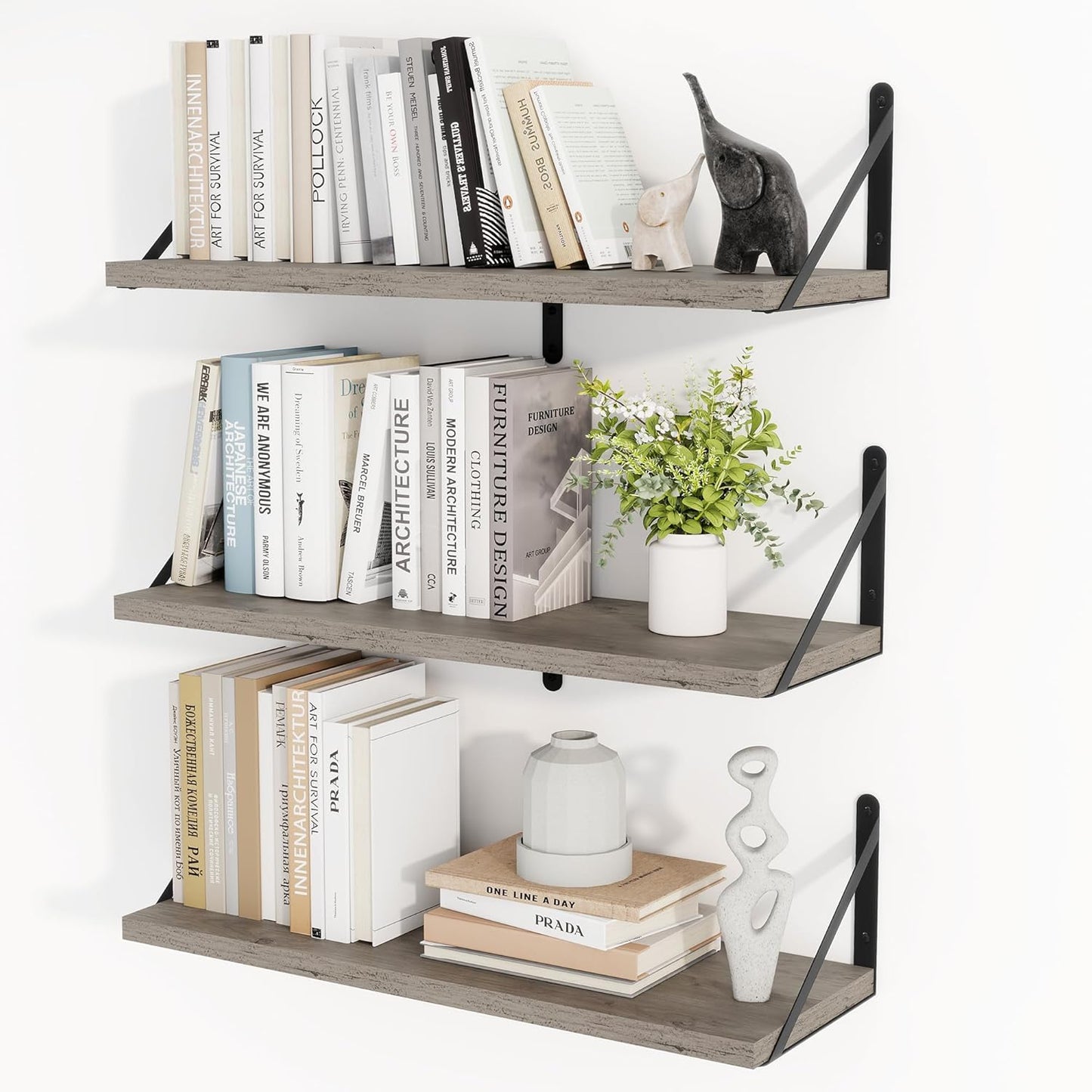 Heimlove Floating Shelves for Wall 24 Inches,8 Inches Deep Wall Bookshelf Mounted Display&Storage Wood Shelves for Kitchen Bathroom Laundry Living Room,Set of 3 (Silver Grey)