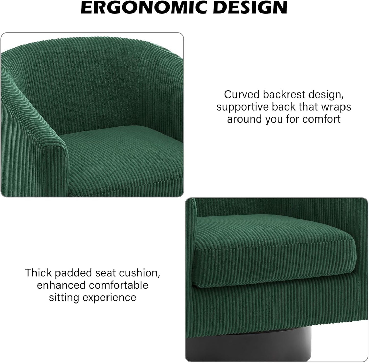 Swivel Barrel Accent Chair, Modern Round Corduroy Fabric Arm Chair for Living Room, Bedroom, Comfy Club Reading Chairs for Adults (Corduroy Dark Green, Set of 4)
