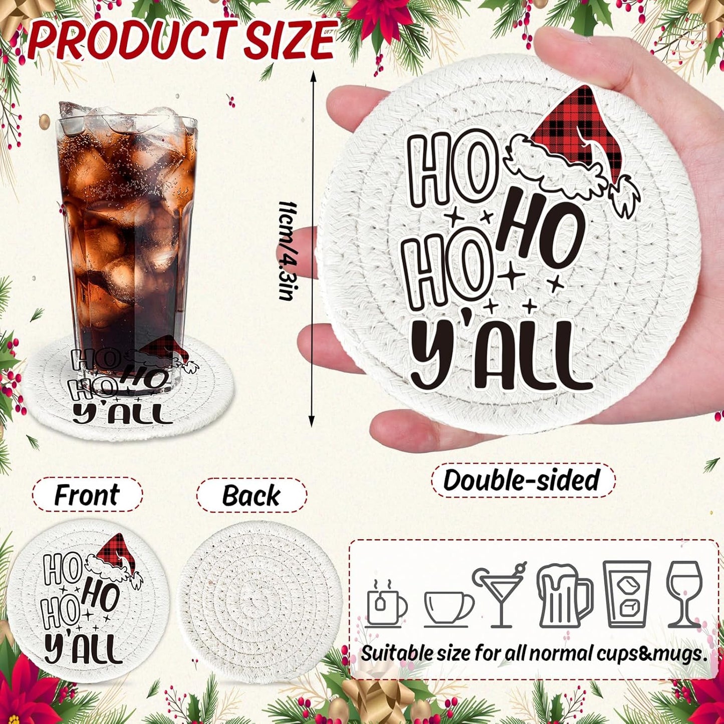 Whaline 4Pcs Merry Christmas Cup Coasters Handmade Braided Cotton Drink Coasters Xmas Buffalo Plaid Anti Slip Absorbent Tabletop Protection for Home Office Party Tableware, 4.3 × 4.3 inch