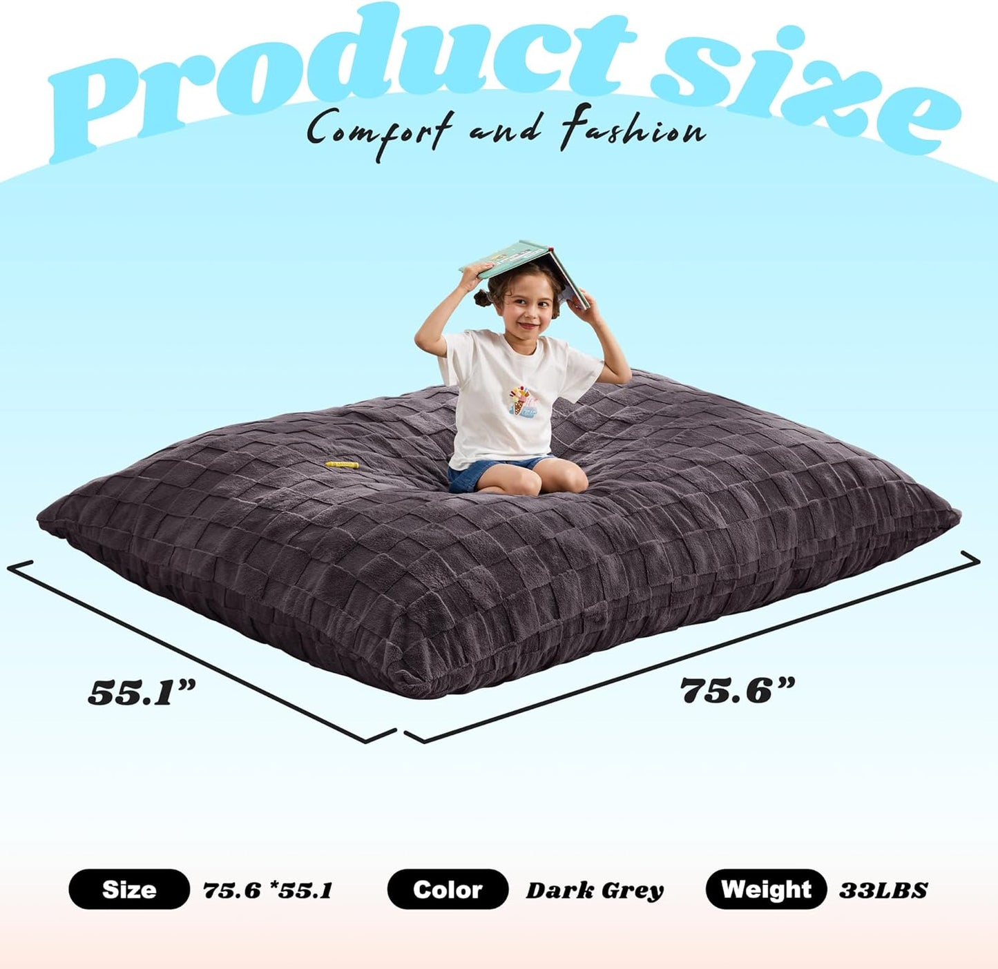 Hobestluk 3 in 1 Bean Bag Chair Giant Bean Bag Chairs for Adults with Plaid Cover Convertible Bean Bag Floor Cushion with Machine Washable Cover for Living Room (Plaid Dark Grey)