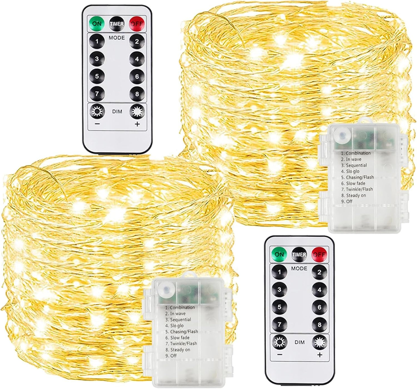 2 Pack 100LED Battery Operated Fairy Lights with Remote, 8 Modes LED String Lights with Timer, Dimmable, Memory Function, Waterproof Twinkle Lights for Outdoor Indoor Christmas Decor(Warm White)