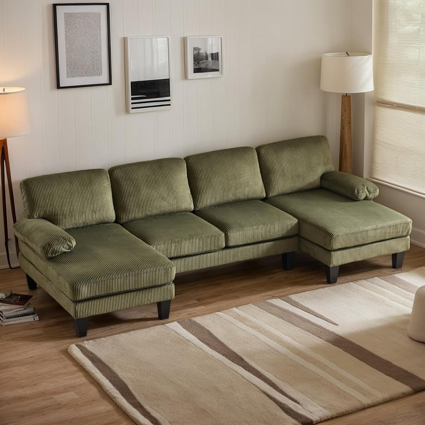 Karl home U-Shape Sectional Sofa Couch 111" Modern 4-Seat Sofa with Chaises Corduroy Fabric Upholstered Covertible Couch with Wood Grain Legs for Living Room, Reception Room, Apartment, Green