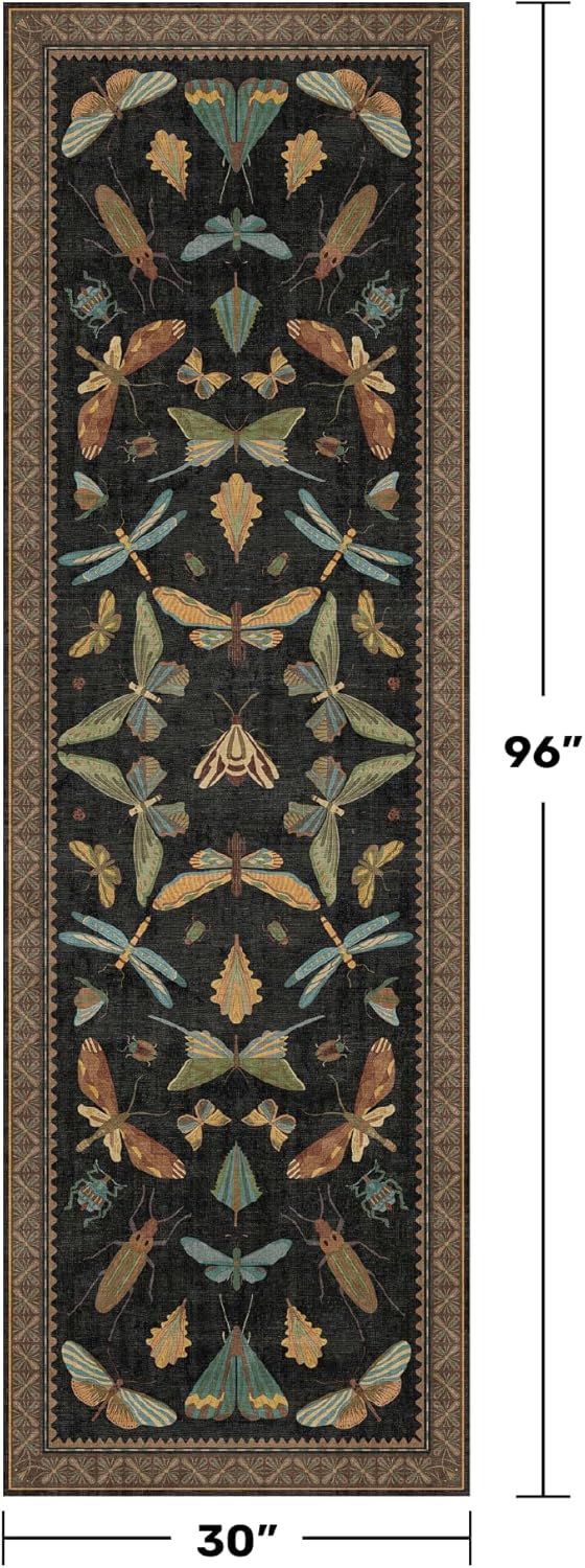 Black Insect 2'6"x8' Washable Non Slip Runner Rugs for Hallways, Non Skid Stain Resistant Rug Runners for Kitchen, Entryway, Mudroom -, Dark Floral Boho Cottagecore Home Decor