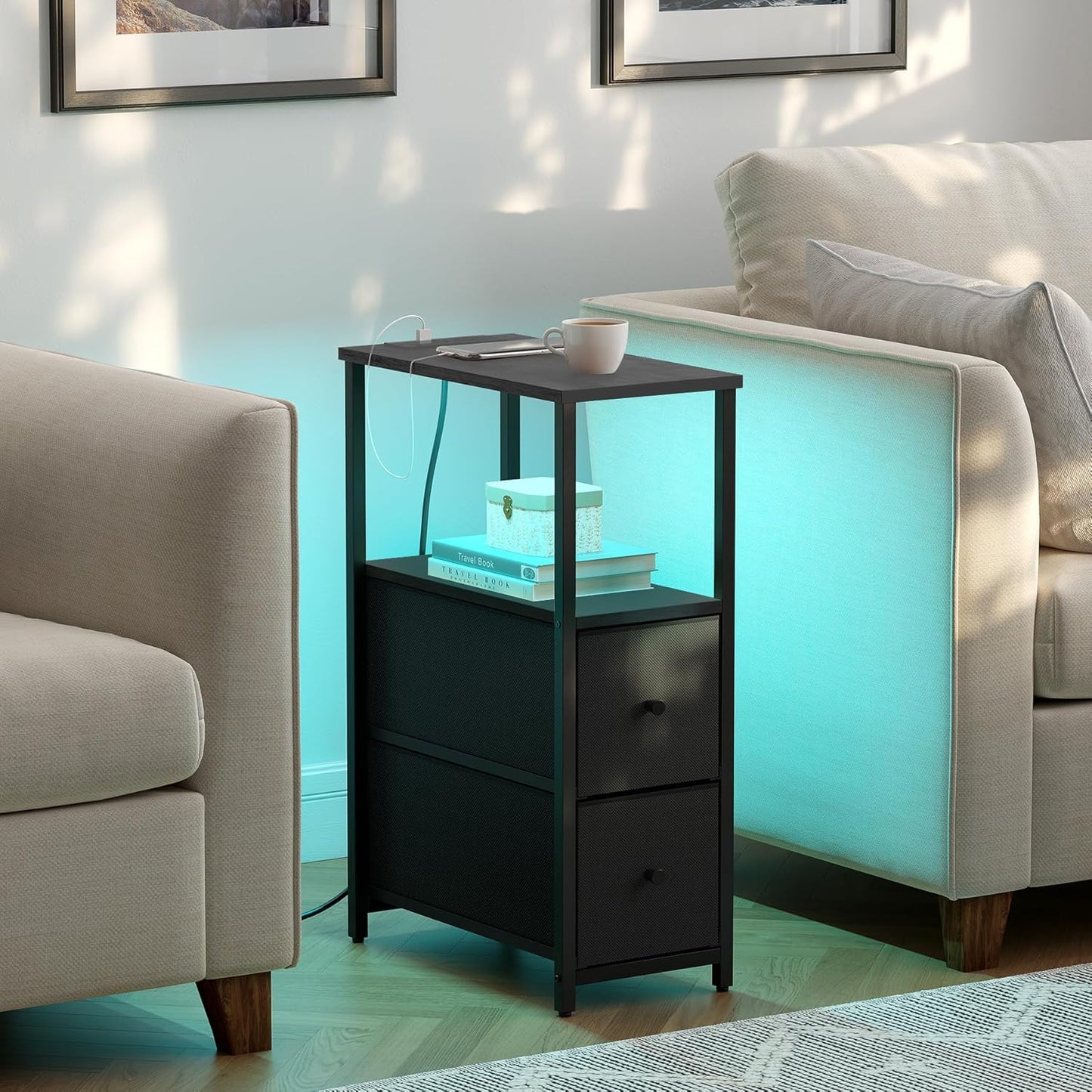 TUTOTAK Small Narrow LED End Table with Charging Station, Side Table Outlets, Nightstand with 2 Cloth Drawers, Couch Table, for Living Room, Bedroom, Bedside, Black TB01BK085L