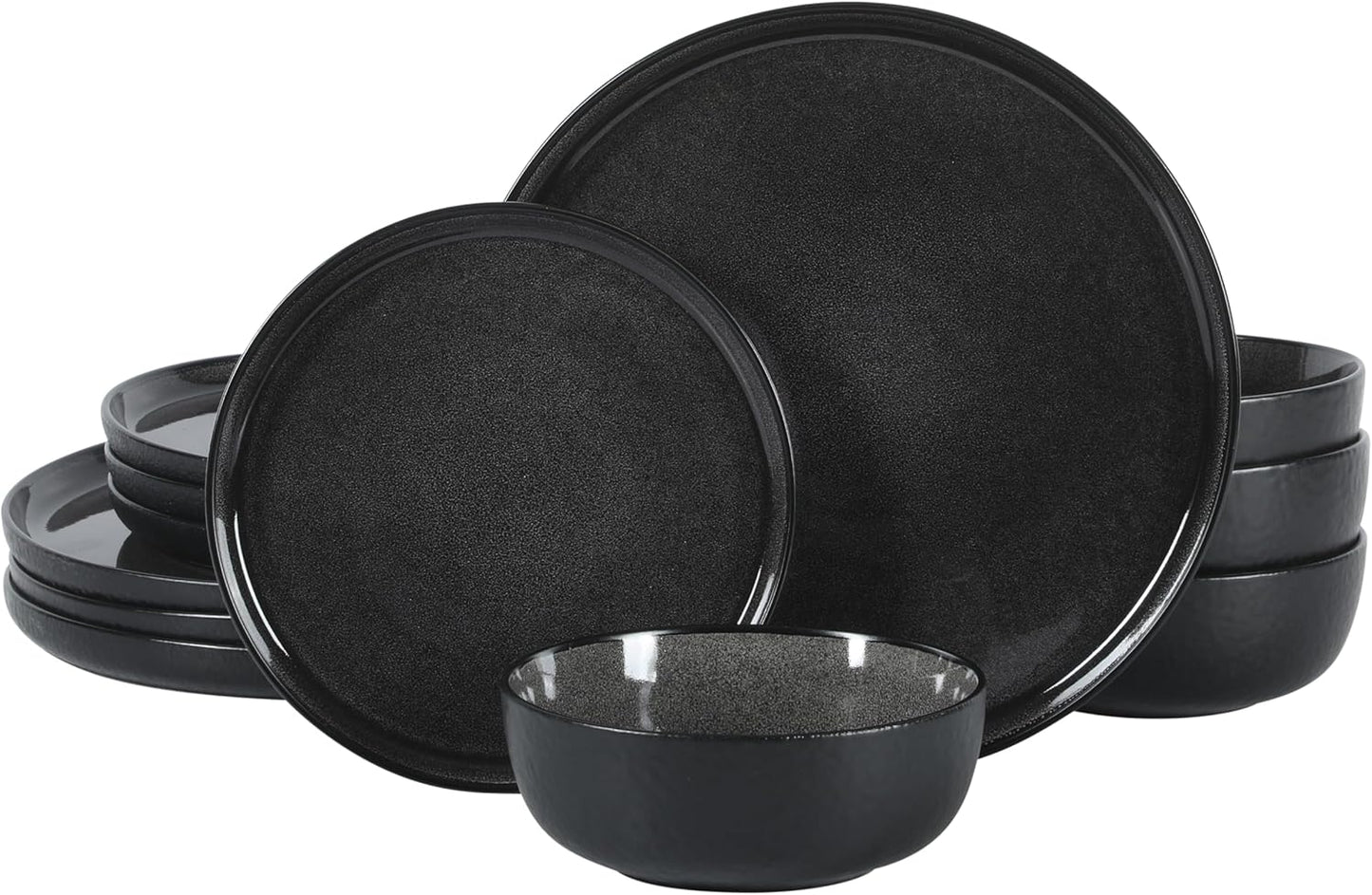 Gibson Elite Tahoe Sunset 12 Piece Stoneware Reactive Glaze (Service for 4) Ceramic Plates and Bowls Dinnerware Set - Black