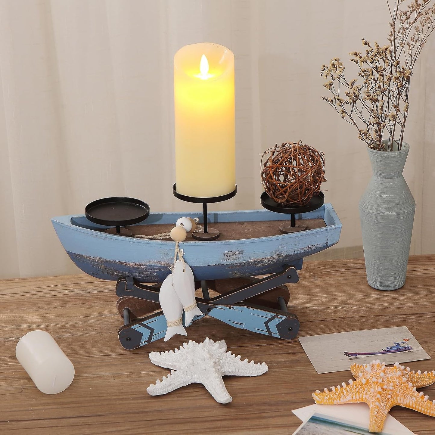 Nautical Votive Candle Holder, Ocean Themed Farmhouse Boat Candle - Marine Beach Style Handmade Decor for Home, Office, Housewarming Gifts