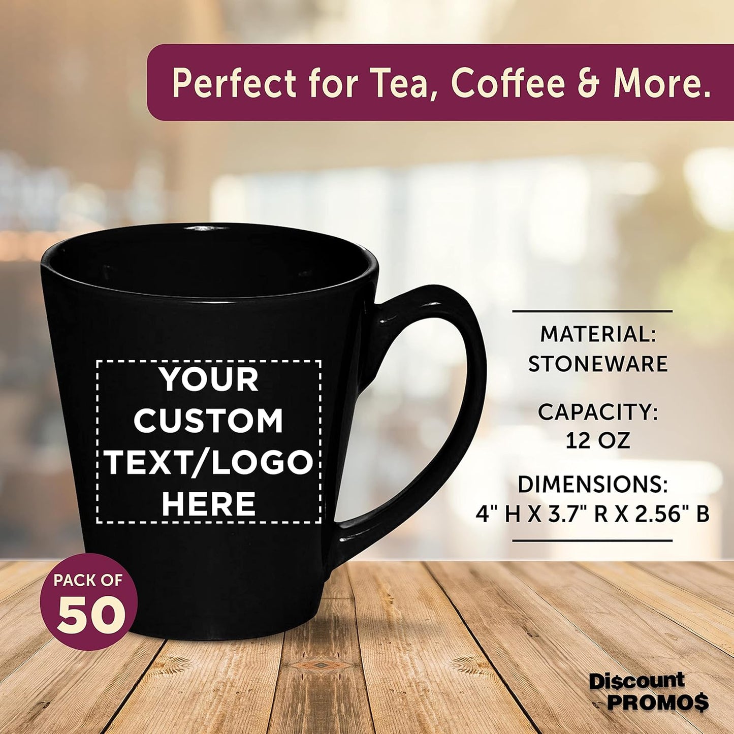 DISCOUNT PROMOS Custom Glossy Ceramic Latte Coffee Mug 12 oz. Set of 50, Personalized Bulk Pack - Perfect for Tea, Espresso, Cappuccino, Hot Cocoa - Black