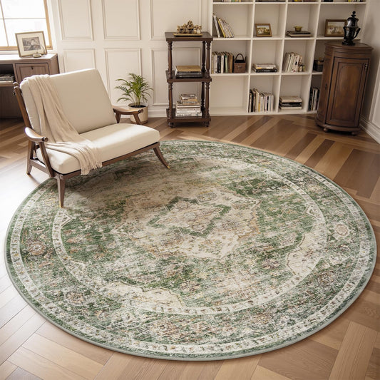 AMOAMI-6FT Round Rug-Rugs for Living Room-Vintage Soft Olive Green Rugs for Bedroom-Non Slip Circle Rug-Machine Washable Rug for Dining Room Living Room Bedroom Office Under Table