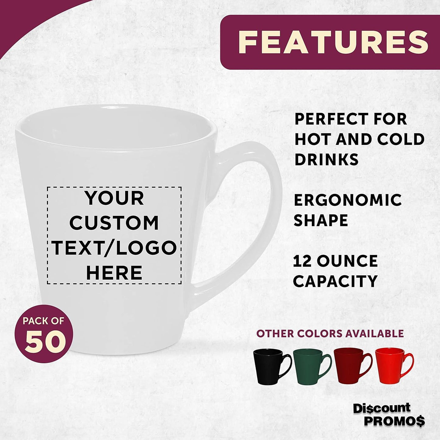 DISCOUNT PROMOS Custom Glossy Ceramic Latte Coffee Mug 12 oz. Set of 50, Personalized Bulk Pack - Perfect for Tea, Espresso, Cappuccino, Hot Cocoa - White