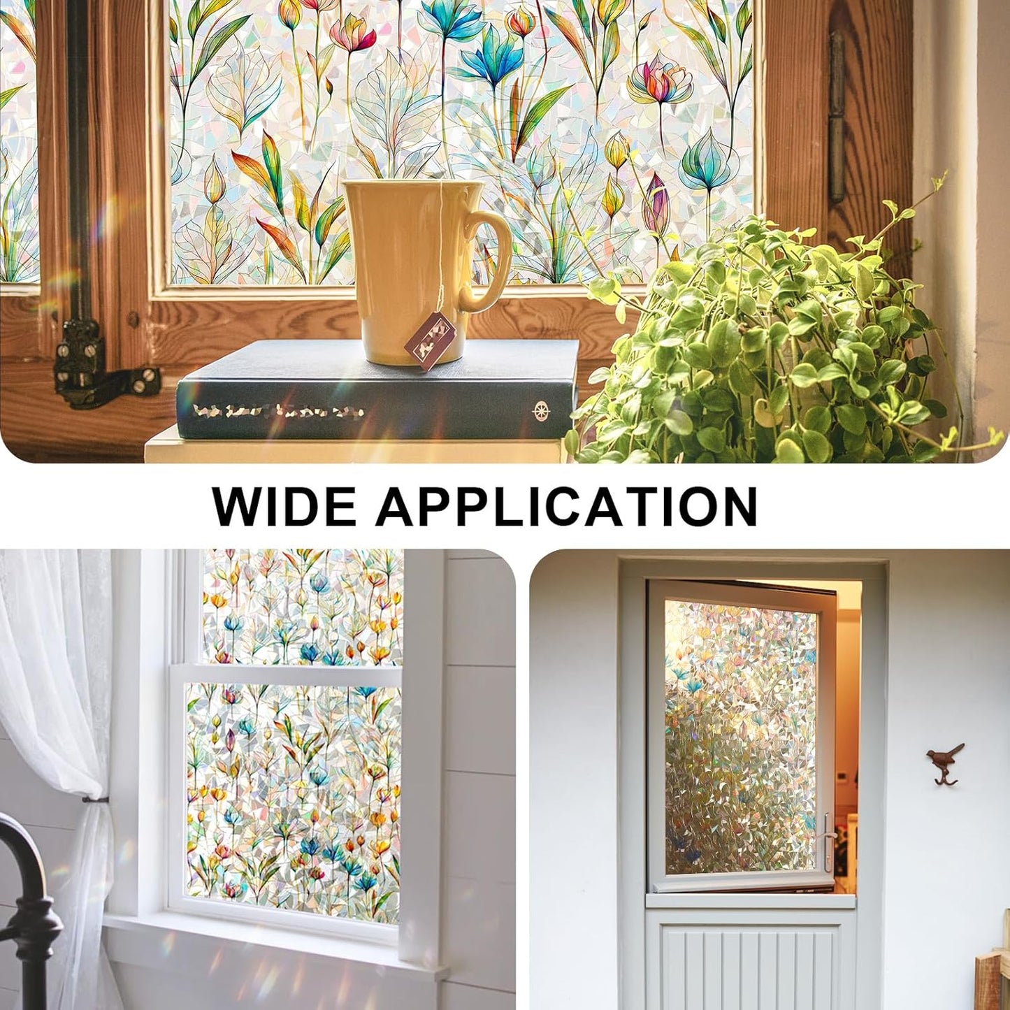Rainbow Window Privacy Film 3D Floral Decorative Stained Glass Window Film Anti UV Non-Adhesive Reusable 23.6" x 157.4" for Home Room Car Glass Cling
