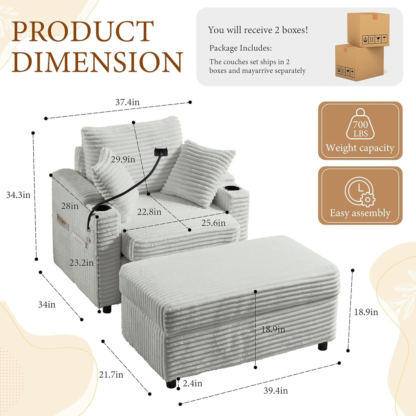 Accent Chair with Storage Ottoman Upholstered Living Room Chairs for Reading Chair with Chaise Lounge Chairs Indoor, Comfortable Armchair for Bedroom