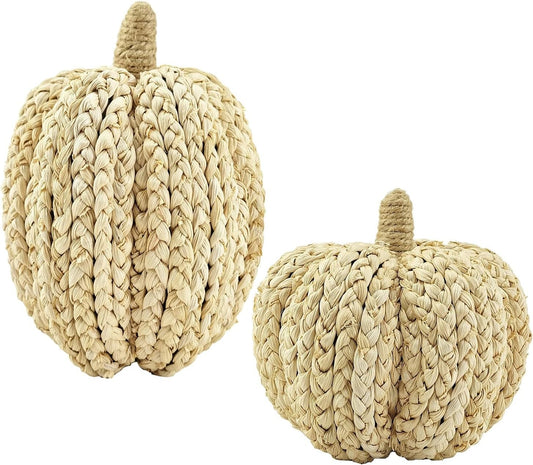 naturevibe 7.5/5.5Inches Braided Cornhusk Pumpkin Decor Set of 2 as Centerpieces for Tables,Natural Corn Stalks Woven Pumpkins for Fall Home Decor,Thanksgiving Decorations or Autumn Harvest Gifts