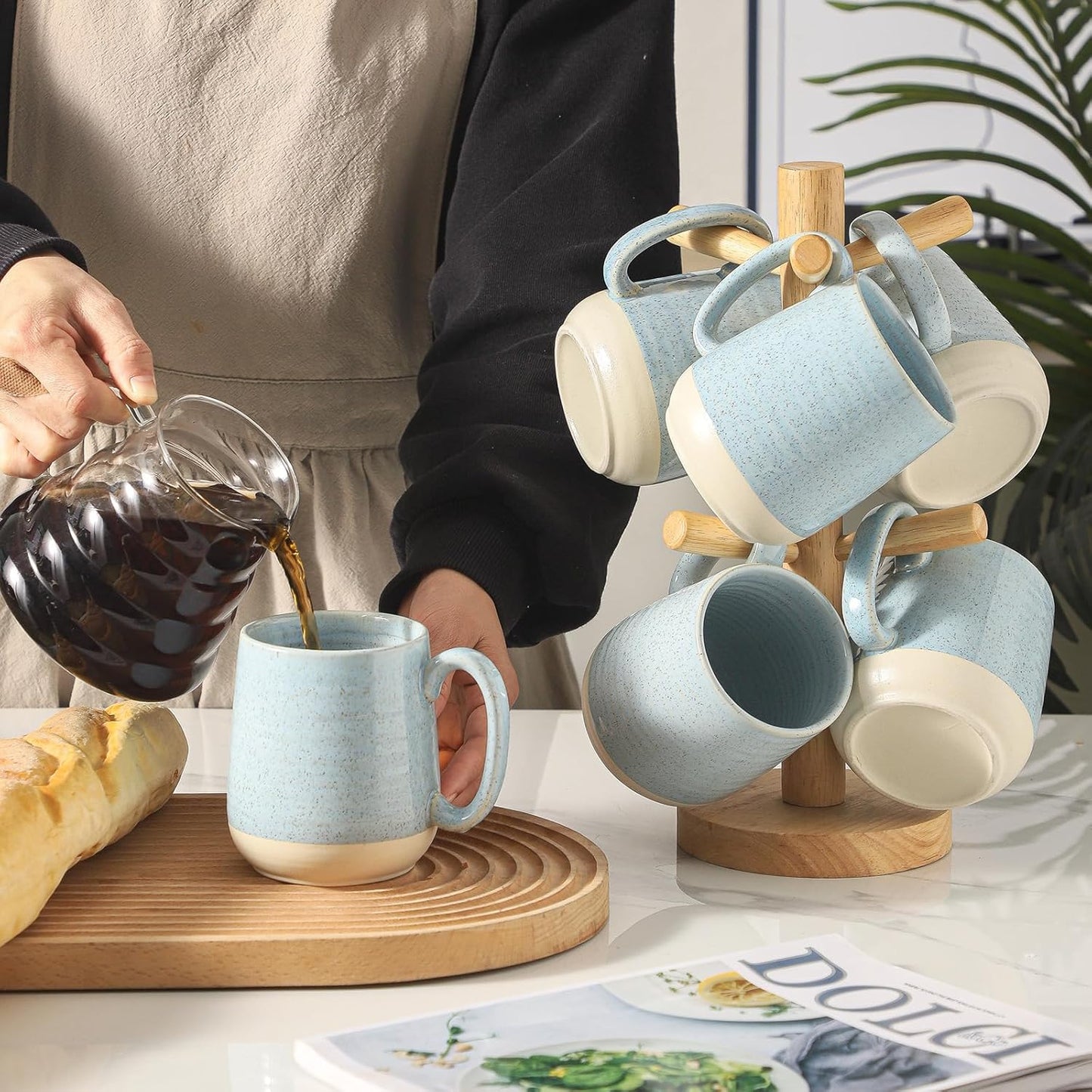 Hasense Porcelain Coffee Mugs Set of 6, 15 Ounce Large Ceramic Coffee Cups Set with Handle for Latte, Tea, Cocoa and Hot Chocolate, Sky Blue Coffee Mugs for Men and Women, Microwave Safe