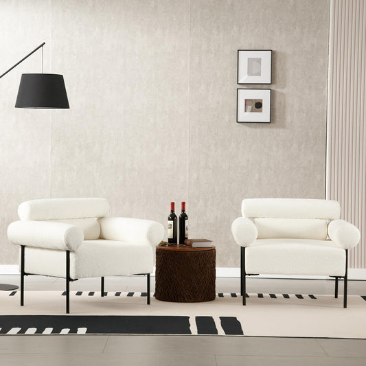 Modern Accent Chairs Set of 2, Boucle Sofa Accent Chairs for Living Room, Oversized Upholstered Sherpa Mid-Century Office Reading Armchairs with Channel Tufted for Bedroom, White