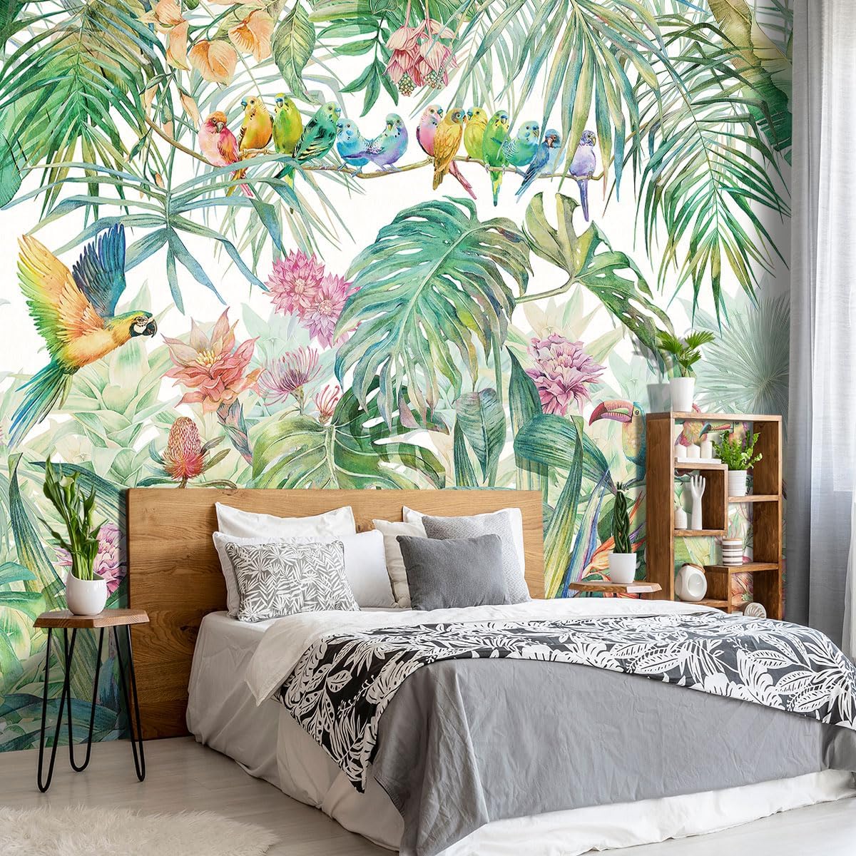 Tropical Green Botanical Flower Birds Leaf Wallpaper Bedroom Plant Floral Mural Room Decor Living Room tv Background Large Wall Mural - 160"x108" (Not Peel and Stick)