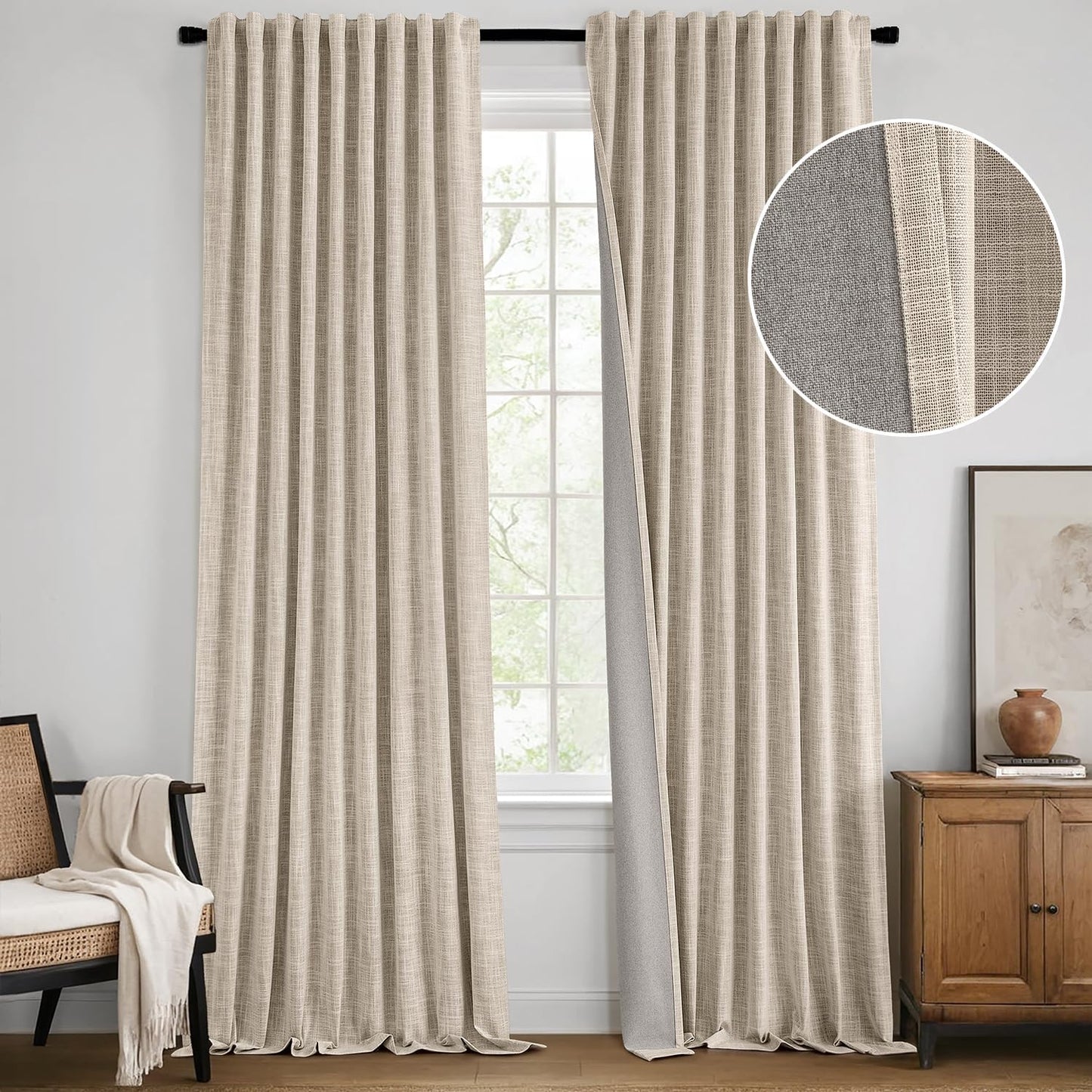 MIULEE Beige 100% Blackout Linen Curtains 90 Inch 2 Panels Set Double Sided No Coating Pleated Back Tab Black Out Long Thermal Insulated Pinch Pleat Bedroom Living Room Darkening Window Drapes