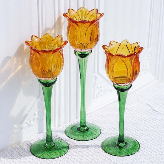 VOHO Orange Tulips Votive Candle Holders for Spring Decor, Elegant Tall Glass Candle Holder Centerpiece Table Decorations, Tulip Tealight Candle Holder for Wedding for Women(Set of3)