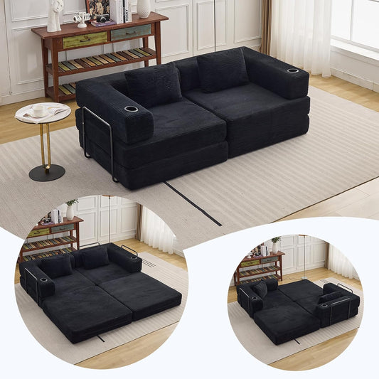 78" W Loveseat Sofa, 4 in 1 Convertible Floor Sofa Bed, Boneless Cloud Couch with Cup Holder, Fold Out Floor Couch, Loveseat Recliner Sleeper for Living Room Bedroom Lounge(Corduroy, White)